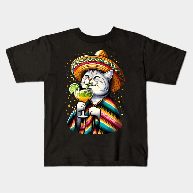 Cat Drinking Margarita Mexican Poncho Cat Lover Kids T-Shirt by justingreen